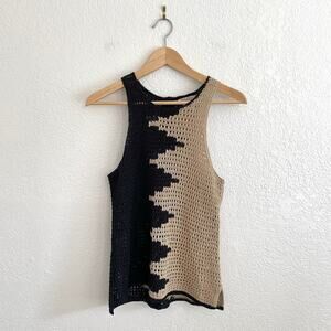 Lucky Brand Crochet Button-Back Tank Top Split Black Tan Boho Open Knit Medium‎